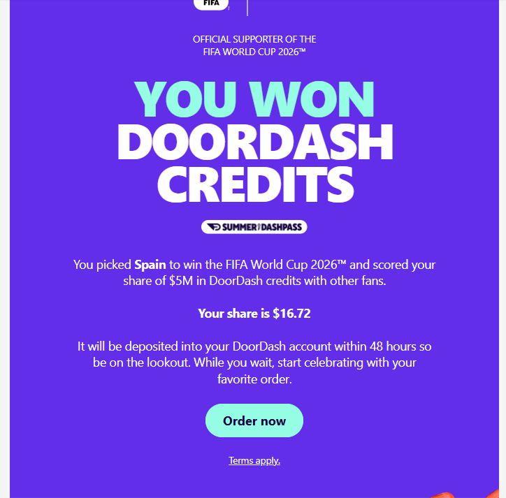 doordash credits winning notification