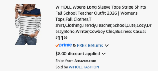woman wearing striped shirt next to Amazon pricing information