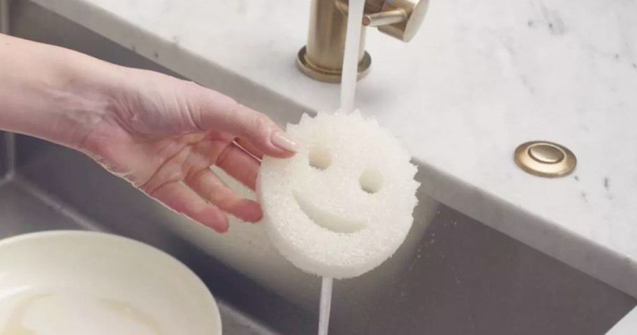 rinsing a white scrub daddy sponge under water