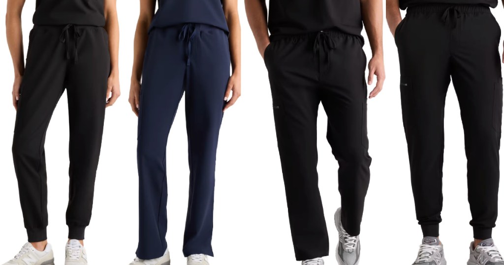 men and women wearing quince scrub pants