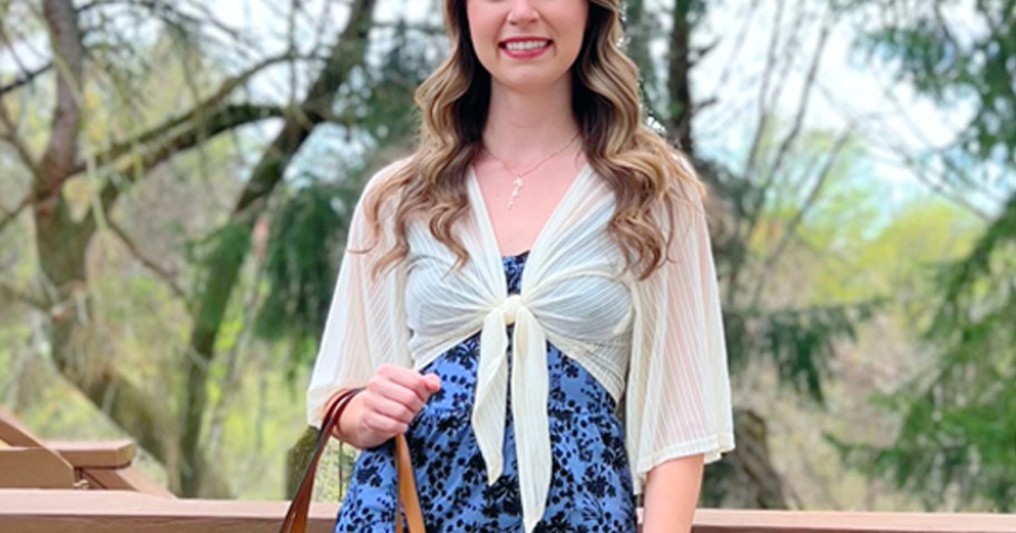 Shrug being worn by a woman in a date night dress