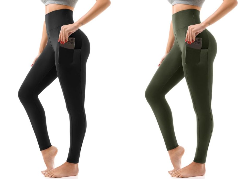 two women wearing sinophant pocket leggings in black and olive green