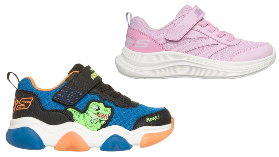 Skechers boys dino blue and green shoes next to pink girl shoes