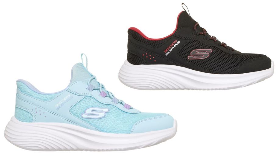 Skechers boys and girls slip on shoes in blue and black