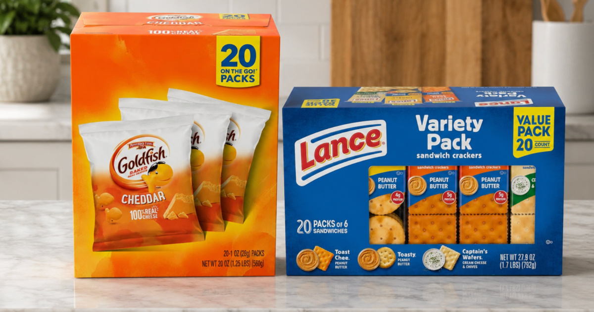 Goldfish crackers and lance variety, pack crackers on kitchen countertop