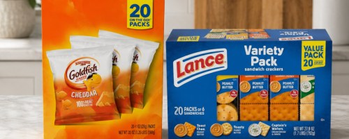 Goldfish crackers and lance variety, pack crackers on kitchen countertop