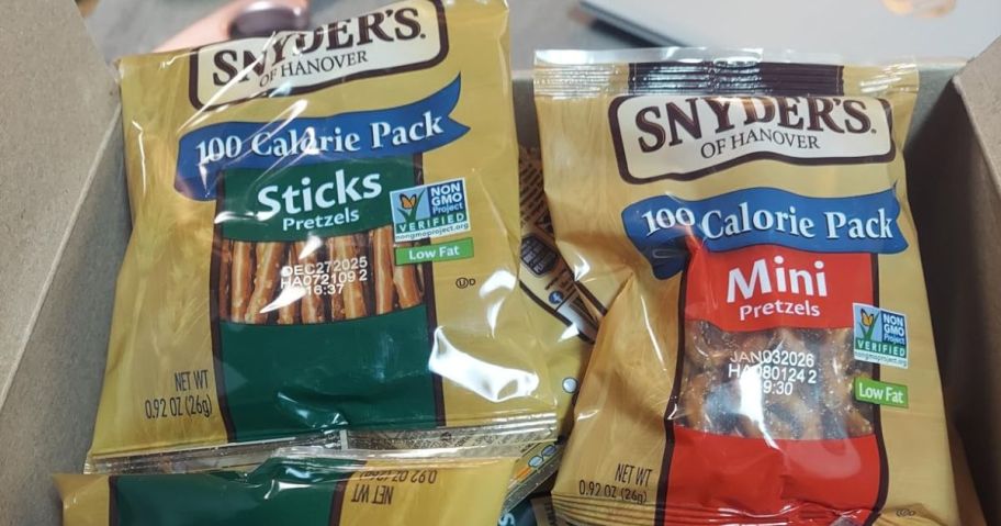 Snyder's of Hanover Pretzels 0.92oz Variety 20-Pack box on table
