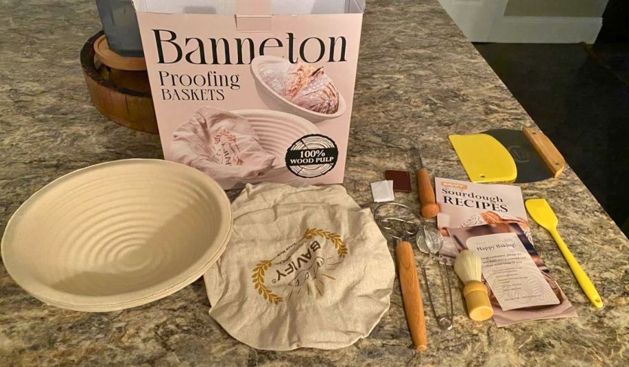 sourdough kit with items all displayed on top of the kitchen counter