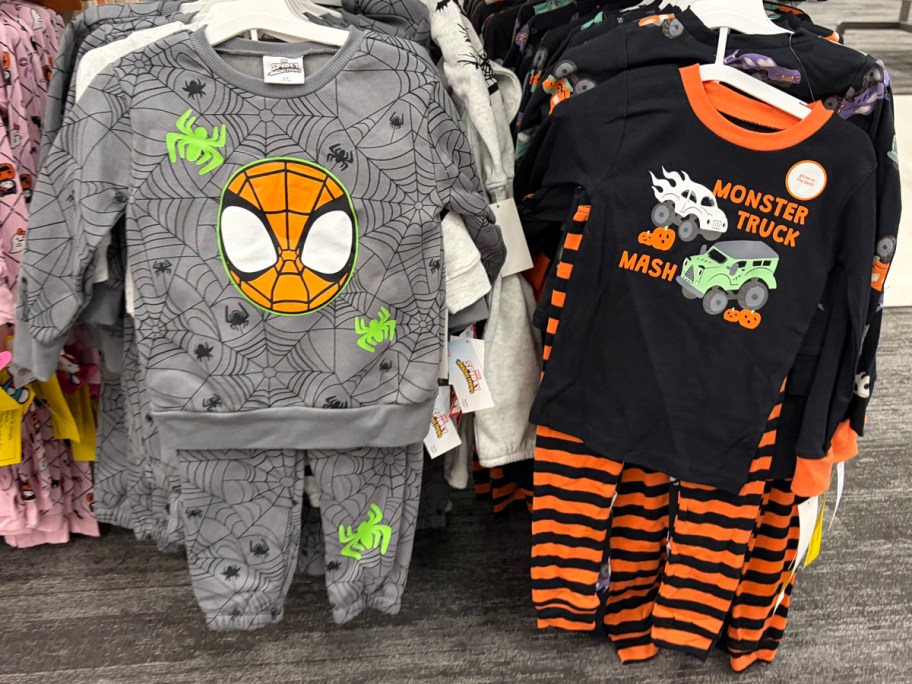 Spider-Man Toddler Boys' 2pc Marvel Spidey Halloween Sweatshirt & Pants Set and Carter's Just One You Toddler Boys' 4pc Long Sleeve Monster Trucks Printed Cotton Halloween Pajama Set