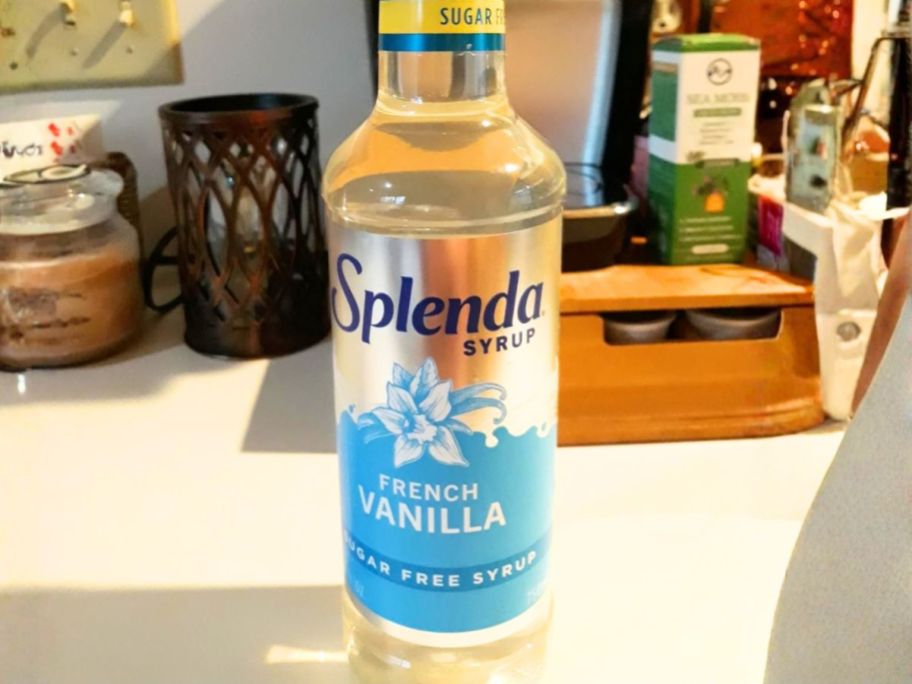 Splenda Coffee Syrup 750ml bottle in French Vanilla on counter