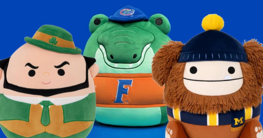 Stock images of 3 Squishmallows Squish My School Colege Mascots Including Notre Dame, University of Florida, and Michigan State University