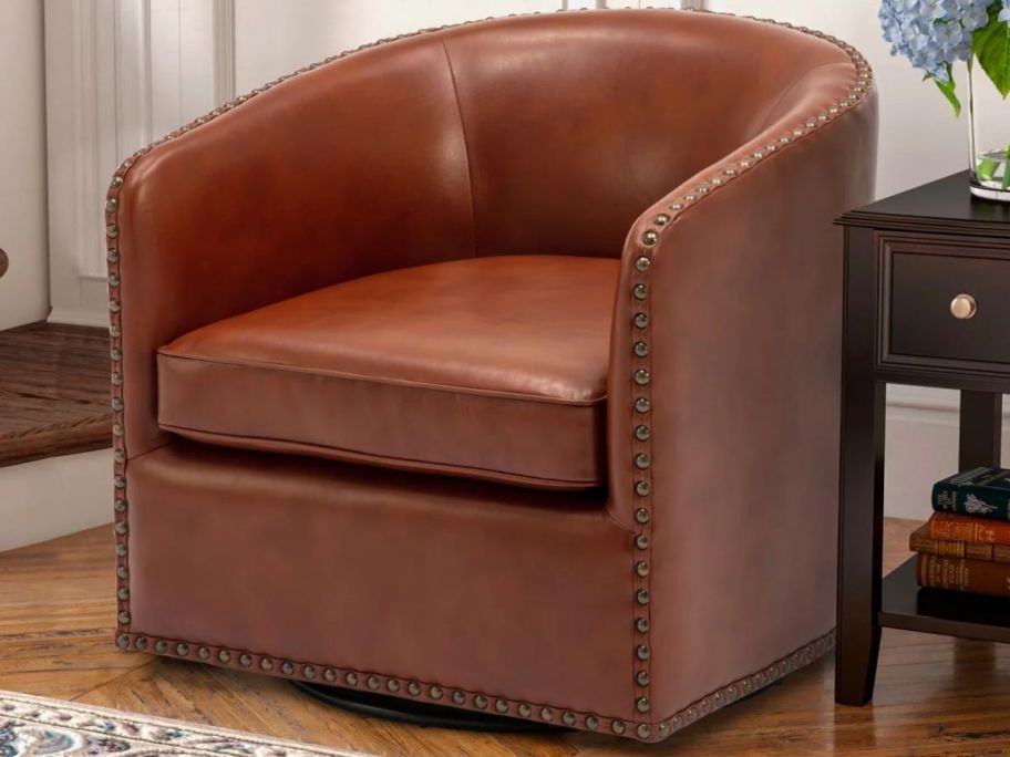 Steelside Gatwick Faux Leather Swivel Barrel Chair in living room