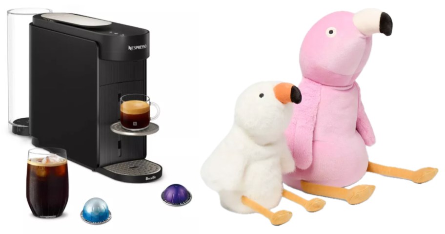 coffee maker and weighted plush animals