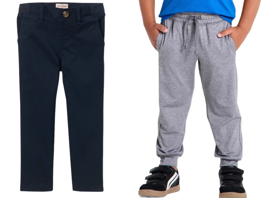 Stock images of a pair of Cat & Jack chinos and a boy wearing Cat & Jack joggers