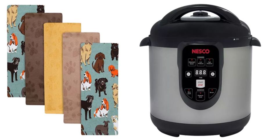 The Big One 5-Pack Cats & Dogs Print Kitchen Towels and Nesco 9.5-Quart Digital Smart Canner