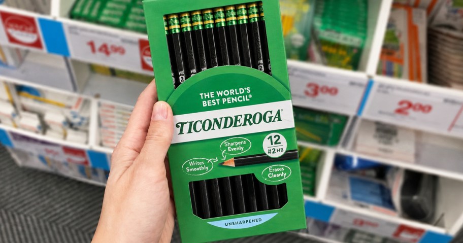 hand holding a pack of Ticonderoga Black Pencils in store
