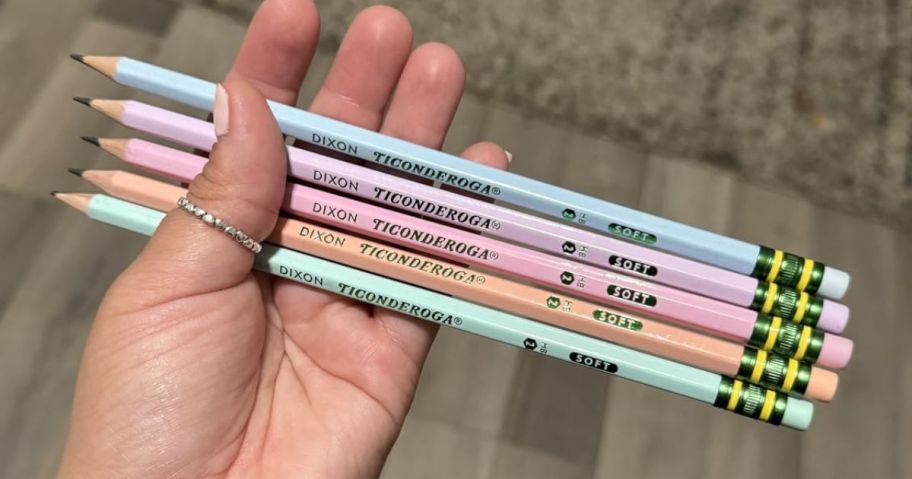 hand holding 5 Ticonderoga Pastel Sharpened Pencils