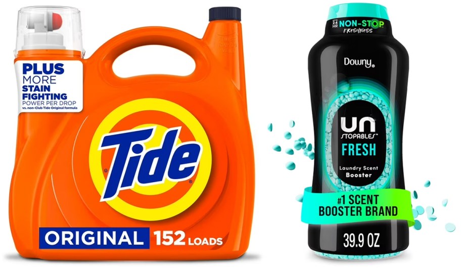 Tide Original Liquid Laundry Detergent 170oz bottle and Downy Unstopables In-Wash Laundry Scent Booster Beads 39.9oz container