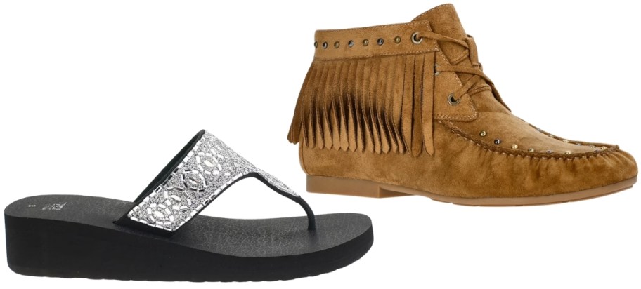 silver wedge flip flop and moccassion bootie