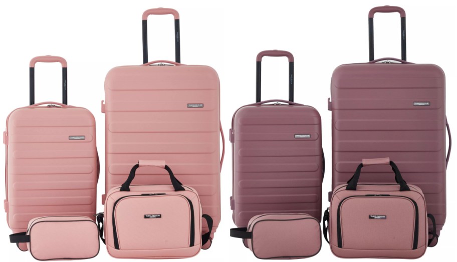 Two Travelers Club Austin hardside luggage sets displayed in pink and mauve shades, each including rolling suitcases, a travel bag, and a matching toiletry pouch.