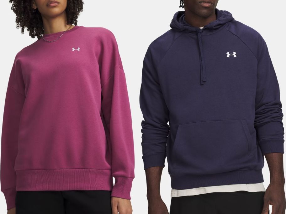 stock images of a woman and a man wearing under armour sweatshirts