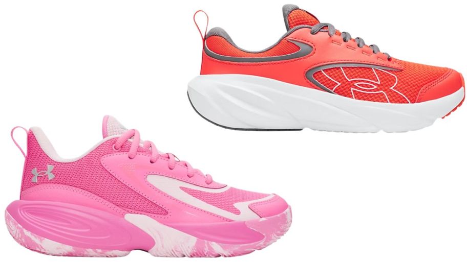 Under Armour basketbell and running shoes in pink and orange