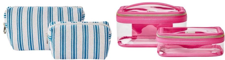 blue and white striped Universal Thread Striped Linen Cosmetic Pouch 2-Piece Set and pink A New Day Travel Zip Pouch 2-Piece Set