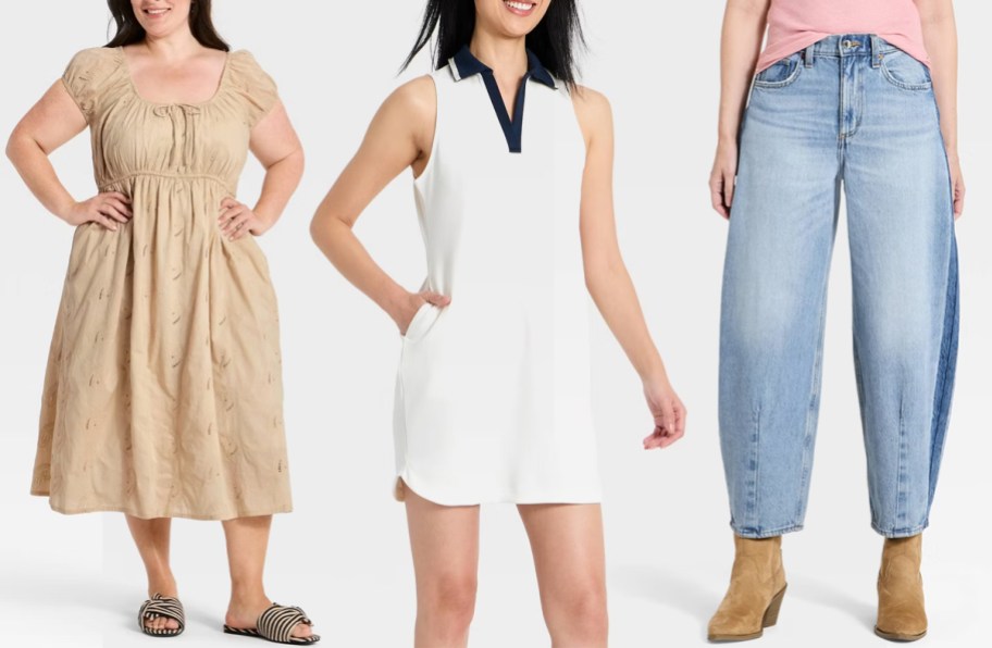 Universal Thread Women’s Cap-Sleeve Eyelet Midi Sundress, All in Motion Women’s Airy Sleek Collared Dress, Universal Thread Women’s High-Rise Easy Barrel Jeans