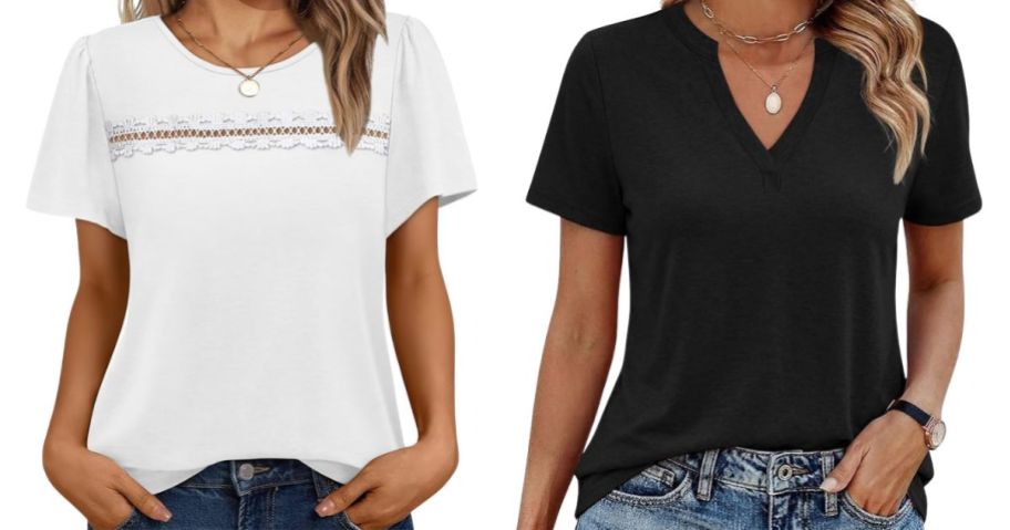 two women wearing WIHOLL Women's Top and YESTTO Women's V Neck Summer Top in white and black