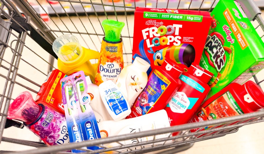 Walgreens shopping cart full of groceries and personal care products
