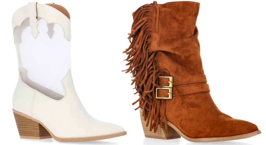 white and brown pairs of boots