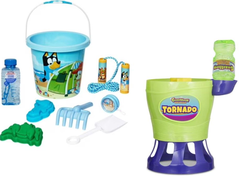 Stock images of Bluey Pail Set and Gazillion Bubbles Tornado