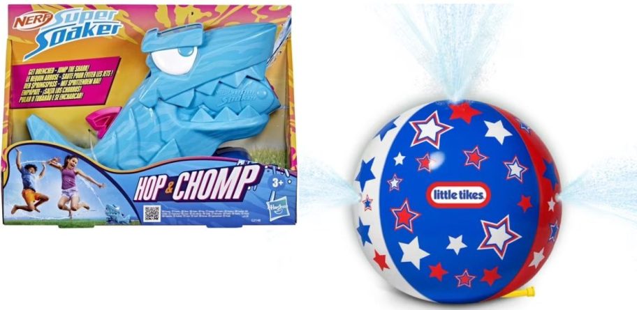 Stock images of a Nerf Shark Super Soaker and Little TIkes Red Whitr and BLue Sprinkler Bal