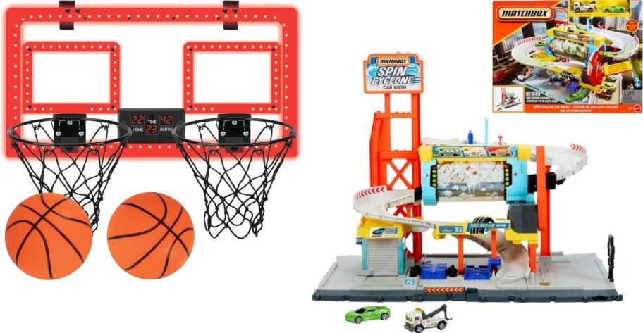 Stock images of over the door basketball hoop set and Matchbox car playset