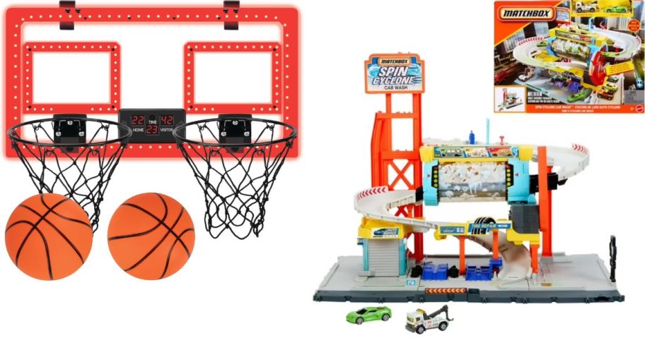 Stock images of over the door basketball hoop set and Matchbox car playset