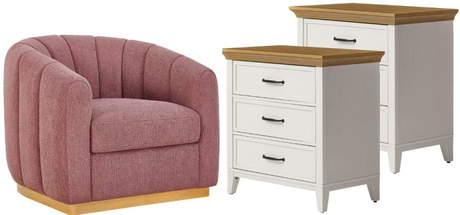 Stock images of a Better Homes and Gardens Swivel Chair and nightstand set