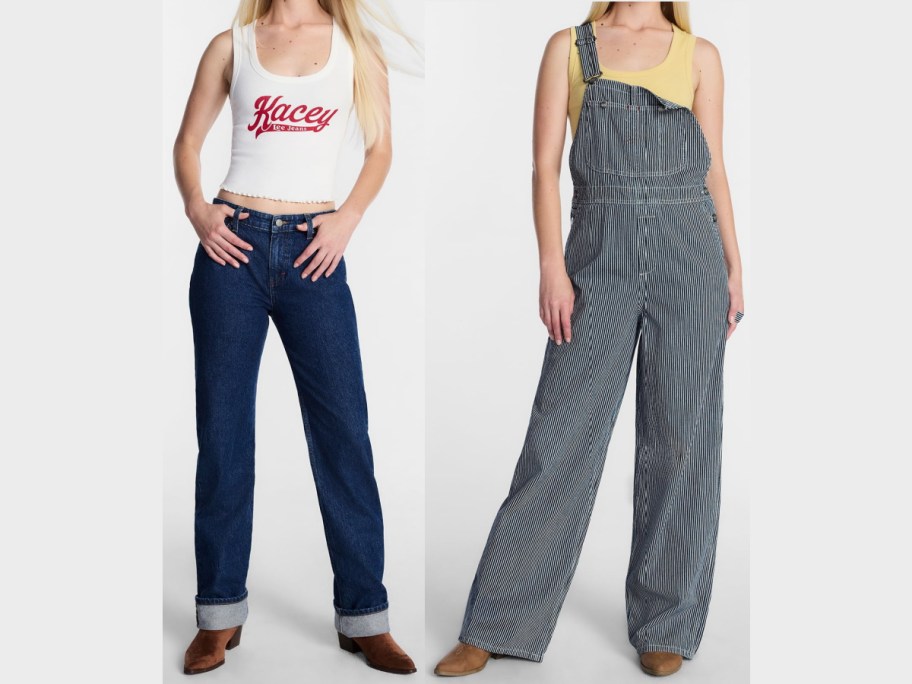 Two Walmart Kacey Musgraves Lee denim outfits worn by models, featuring dark cuffed jeans paired with a white tank top with red "Kacey" lettering on the left, and striped overall dungarees over a yellow top on the right.