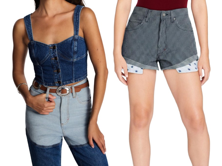 Two Walmart Kacey Musgraves Lee denim outfits worn by models, featuring a dark denim bustier top paired with two-tone jeans and a brown western belt on the left, and striped high-rise shorts with a star-patterned lining layer on the right.