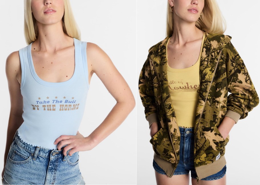 Two Walmart Kacey Musgraves Lee clothing outfits worn by models, featuring a light blue ribbed tank top with the text "Take The Bull By The Horns" paired with denim shorts on the left, and a camouflage zip-up hoodie over a yellow tank top with denim shorts on the right.