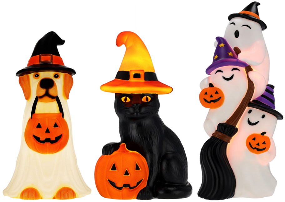 Way To Celebrate 18&Prime; Light-Up Ghostly Dog, Pumpkin Cat, and Stacked Ghosts Blow Molds