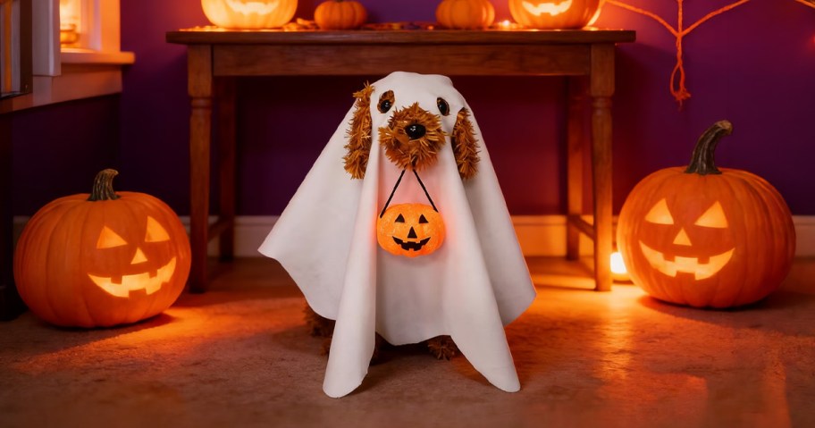 Way To Celebrate Tinsel Dog in Ghost Costume Tabletop Decoration