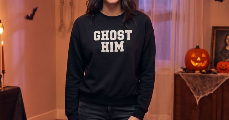 woman wearing Way To Celebrate Women's French Terry Knit Lounge Sleep Top at halloween party
