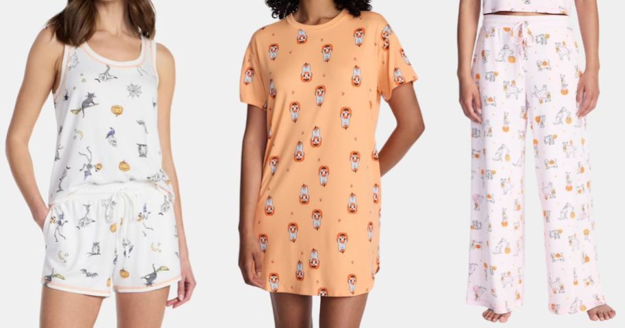 three women wearing Way To Celebrate halloween womens pajamas