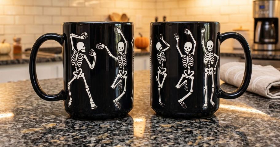 Way to Celebrate Halloween Dancing Skeleton Ceramic Mug 2-Pack on kitchen counter