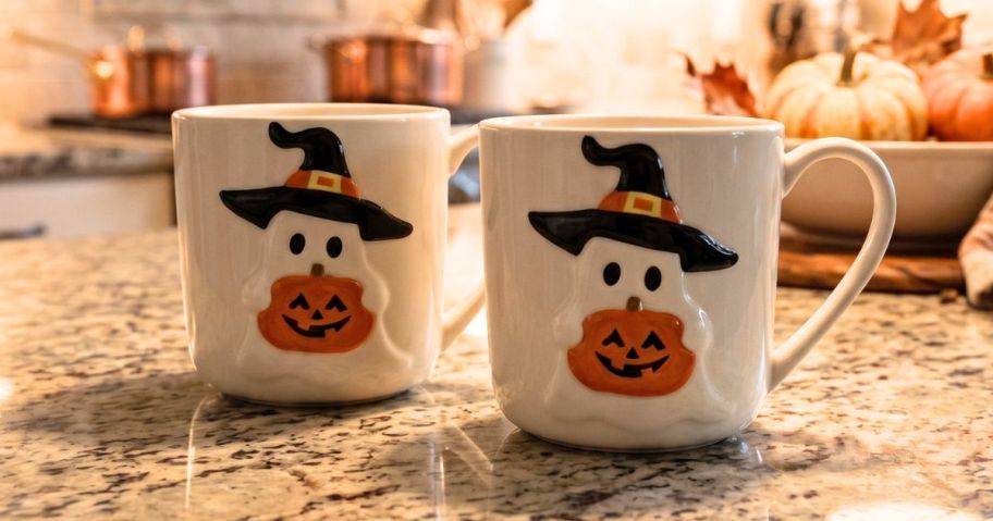 Way to Celebrate Halloween White Ghost Ceramic Mug 2-Pack on kitchen counter