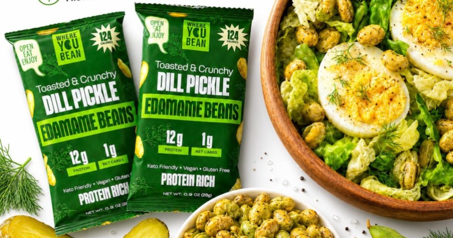 2 packs of where you bean dill pickle edamame beans snacks with bowl of beans and hard boiled eggs