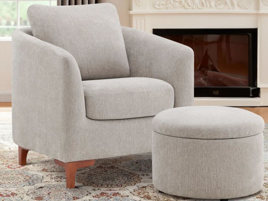 Willa Arlo Interiors Amold Upholstered Barrel Chair w/ Storage Ottoman in living room