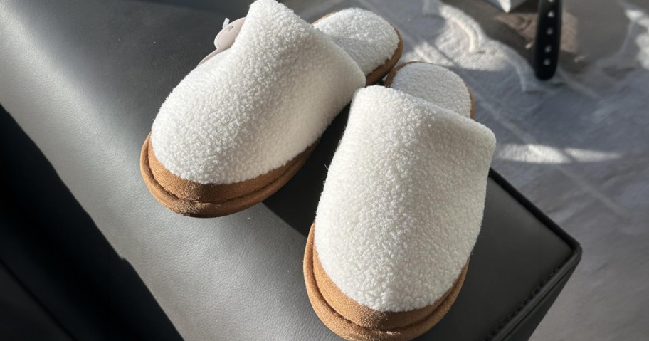Women's Fleece Memory Foam Slippers on display