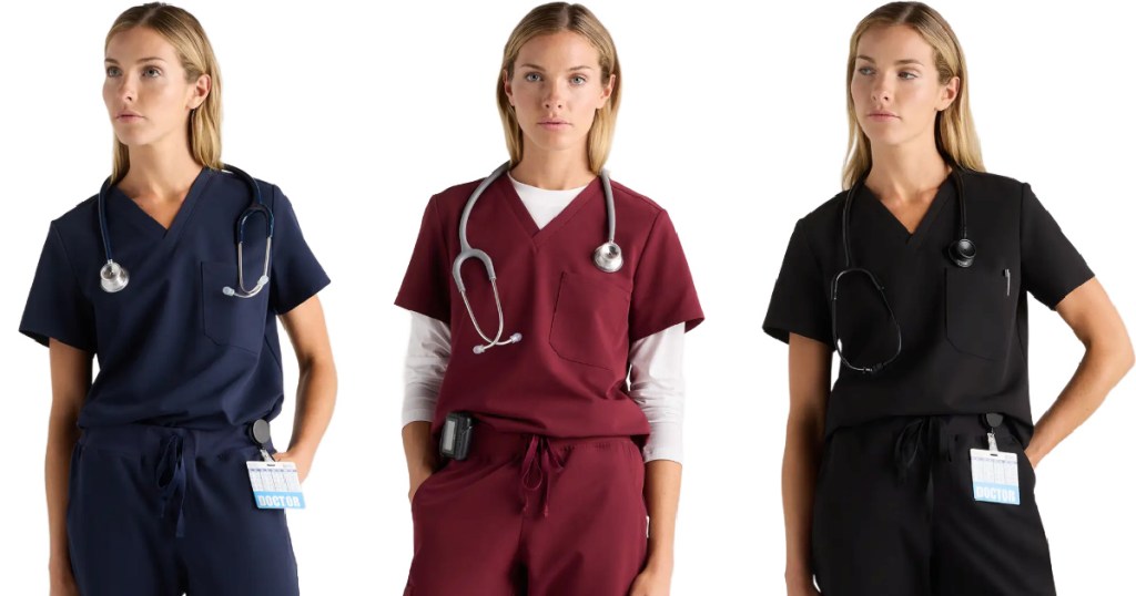women wearing quince scrub tops