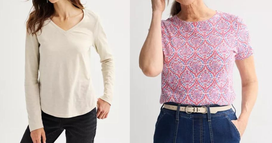 beige Women's Sonoma Goods For Life Long Sleeve V-Neck T-Shirt and pink flowered Women's Croft & Barrow Essential Crewneck Tee